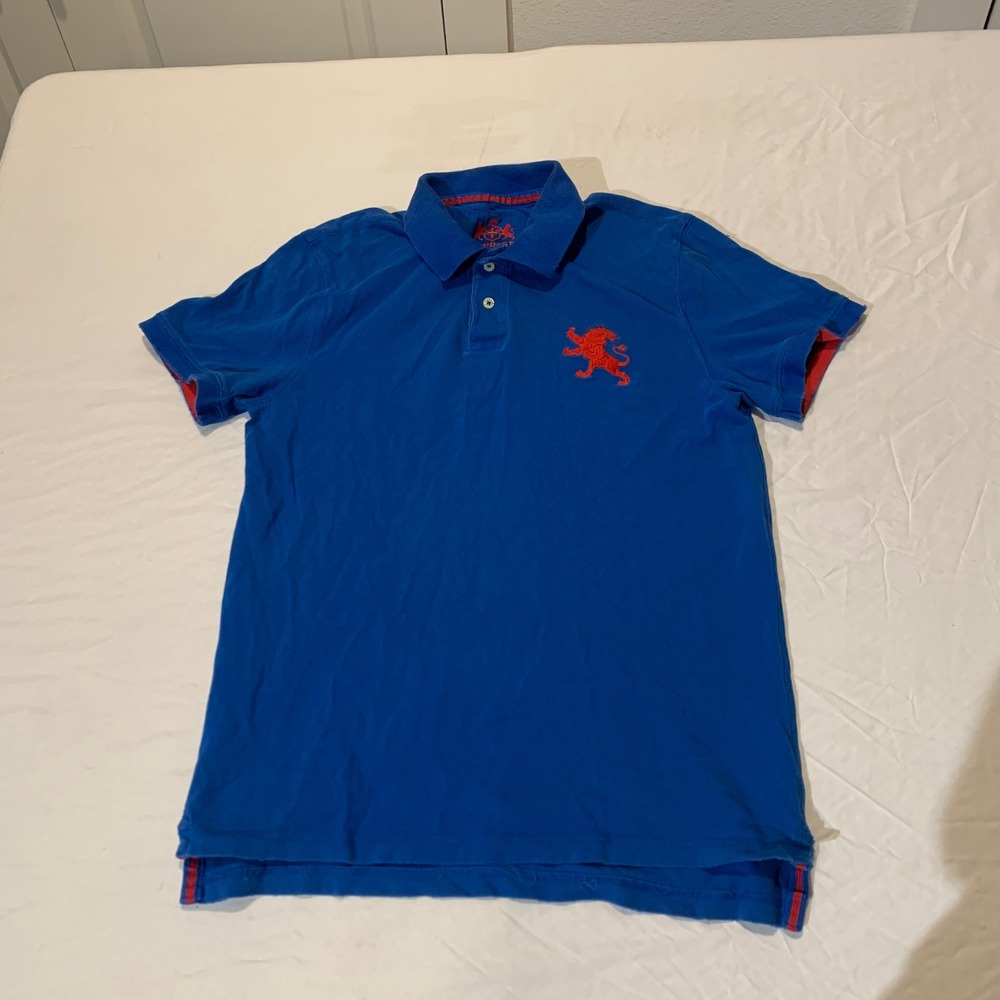 Express Mens Blue Pique Polo Shirt Red Lion Logo Short Sleeve Size Large